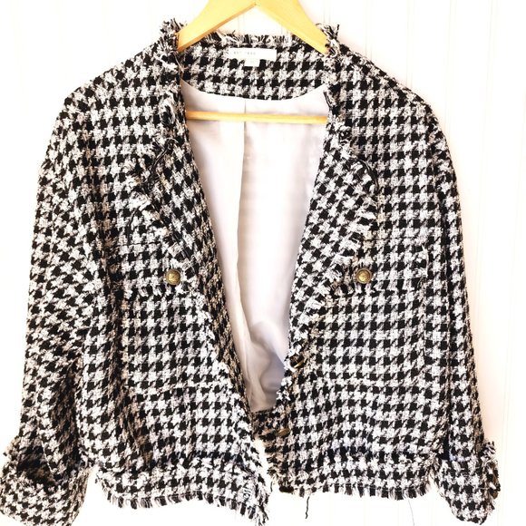 C. Established 1946 Womans Jacket Houndstooth Pattern Fringe Trim Size M Blk/Wht - Picture 9 of 11